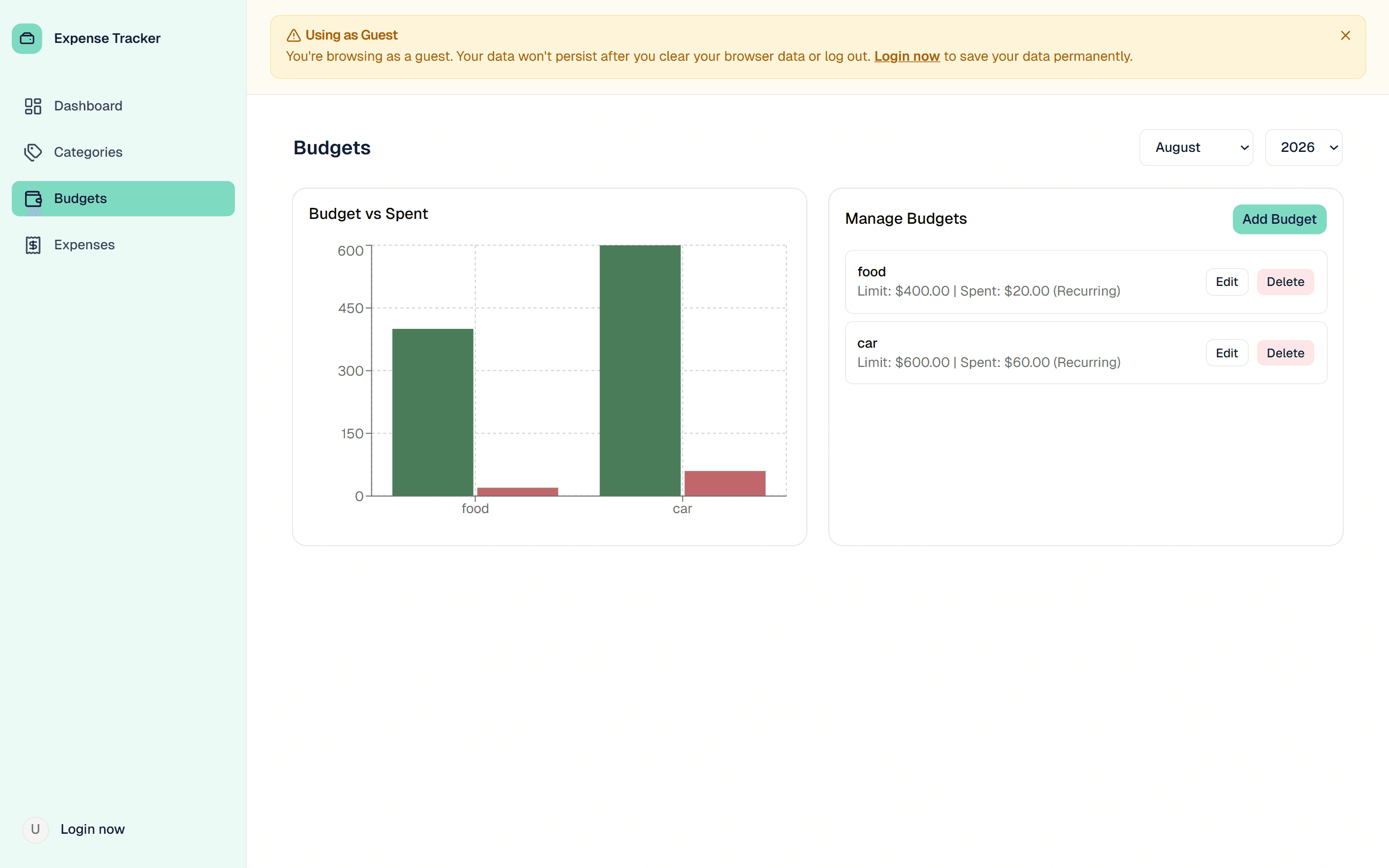 Expense Tracker budget and transaction interface